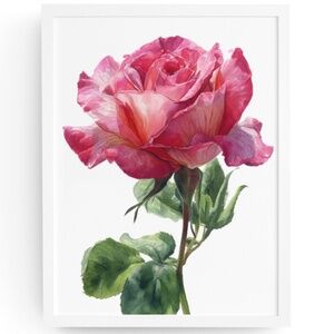 Watercolor Single Pink Rose Wall Art Print, Unframed - Delicate Floral Elegance